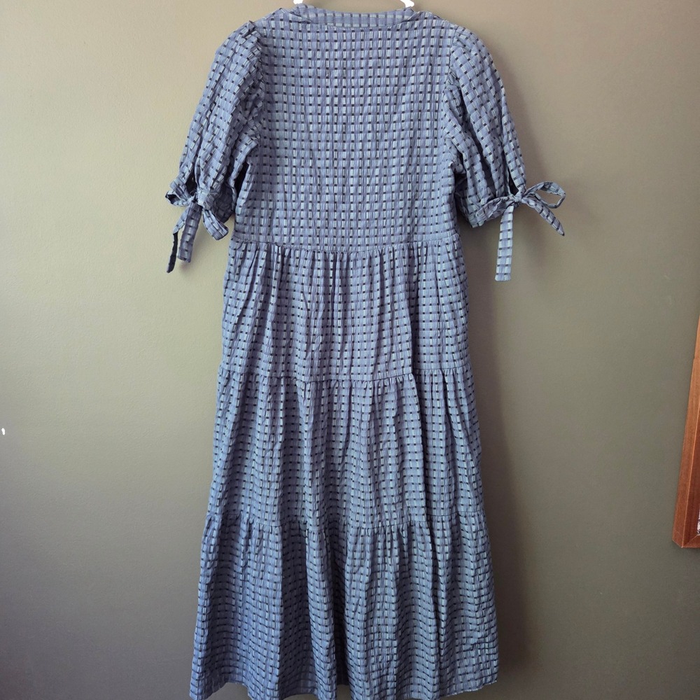 English Factory Blue Plaid Tiered Midi Dress Puff Sleeve Tie V-Neck Small - Picture 5 of 8